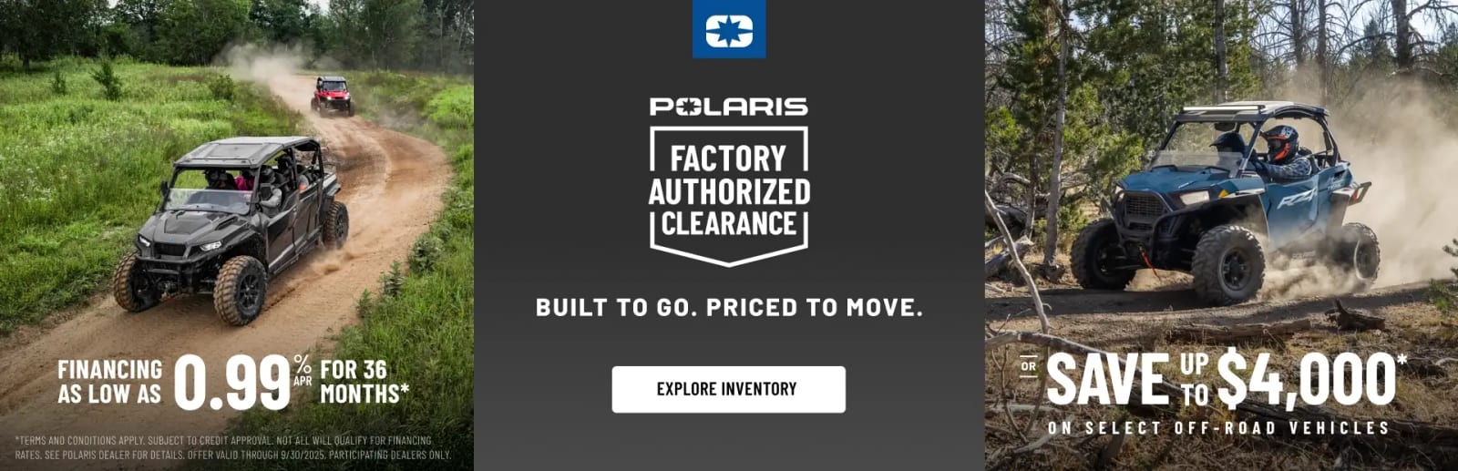 Polaris Factory Authorized Clearance promotional banner featuring off-road vehicles with financing as low as 0.99% for 36 months and savings up to $4,000 on select models