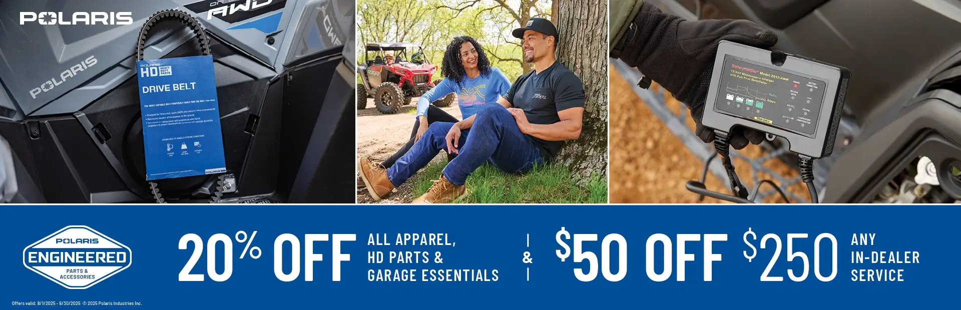 Polaris promotional service banner featuring engineered parts, apparel discounts of 20% off, and $50 off any in-dealer service purchase of $250 or more